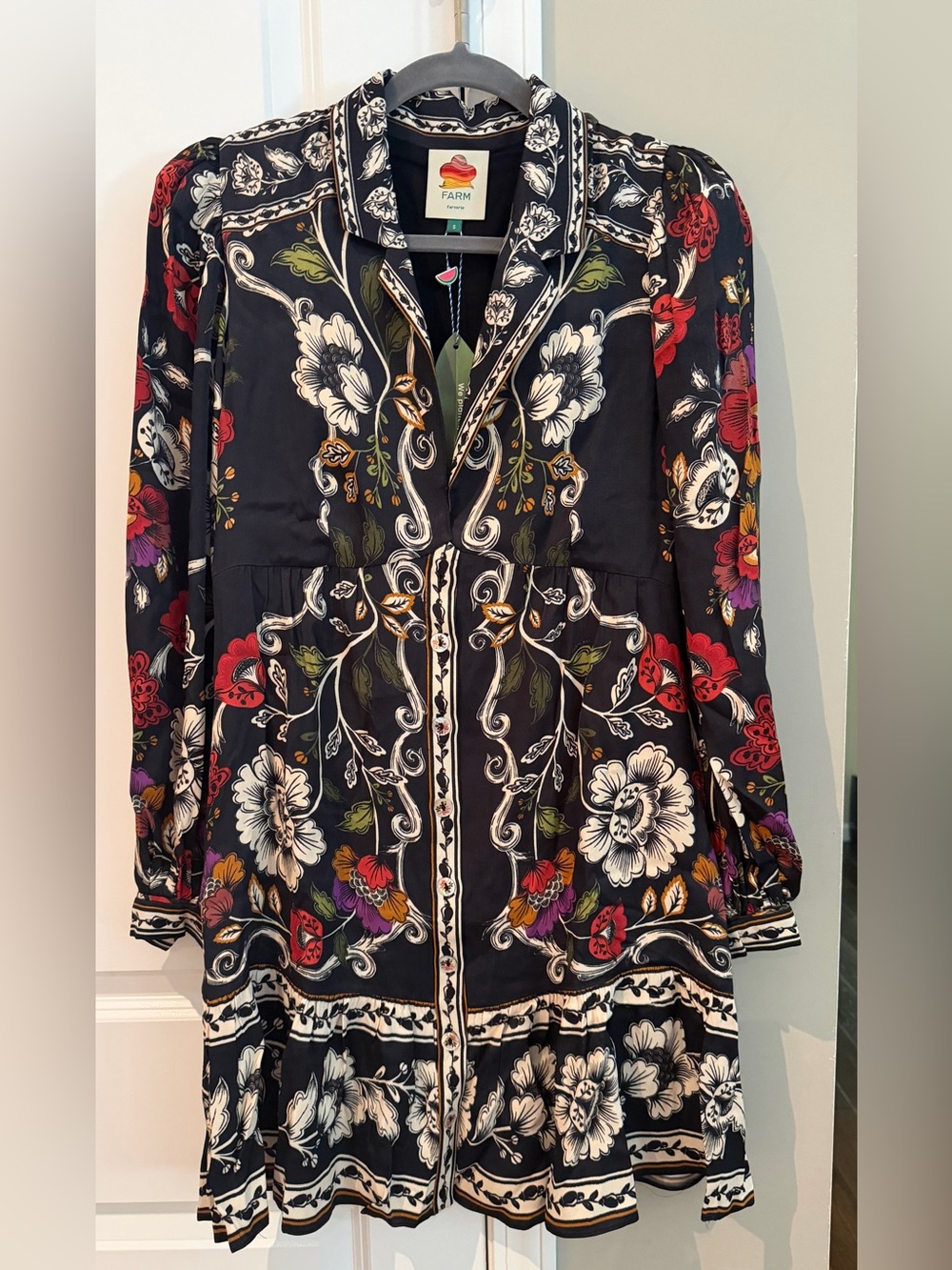 BNWT Farm Rio Black Blouse with Red, White Floral Print